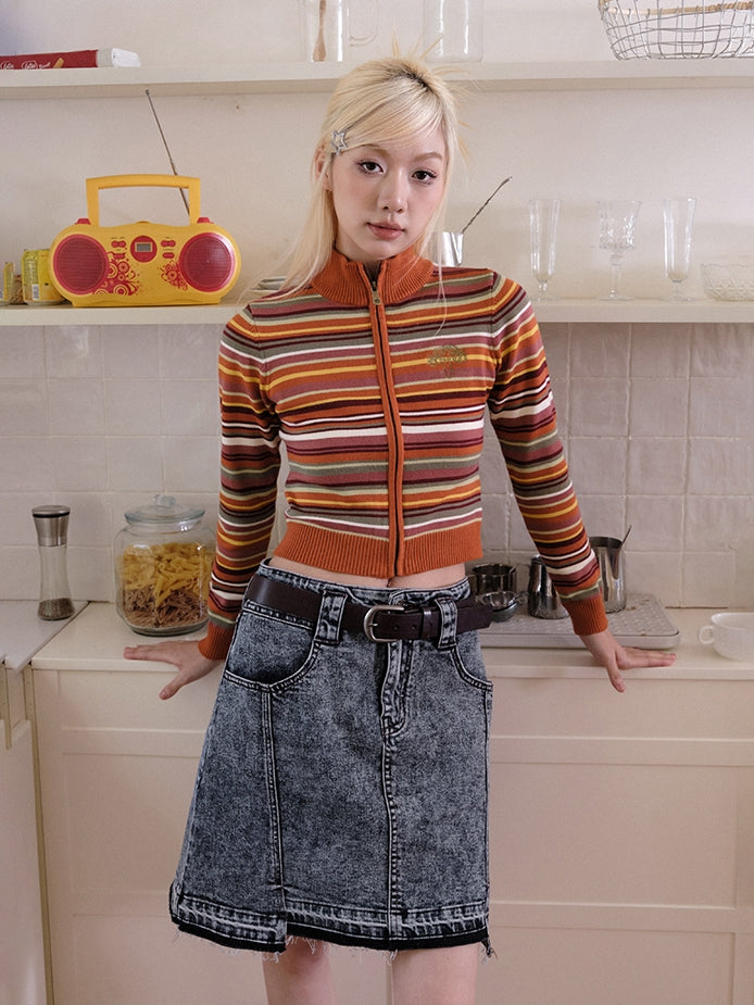 Border Colorful High-Neck Cropped Casual Knit – ARCANA ARCHIVE