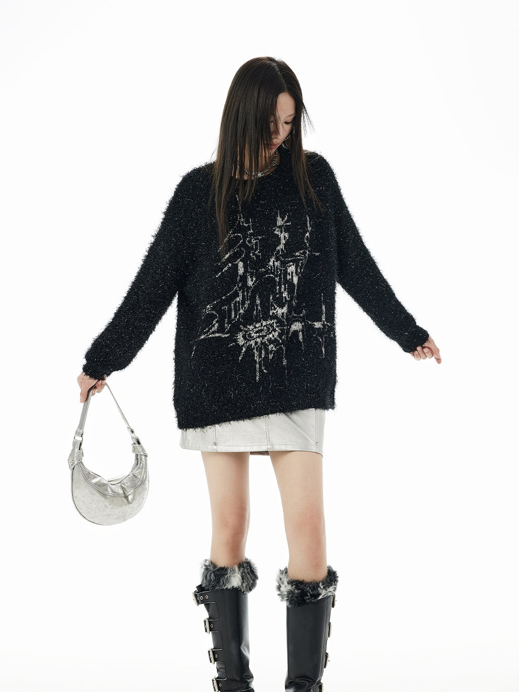 Moderne Crew-Hals lange, flauschig Mohair-Knit