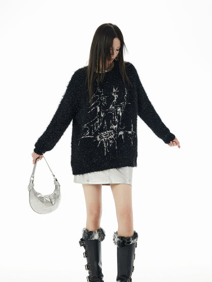 Moderne Crew-Hals lange, flauschig Mohair-Knit