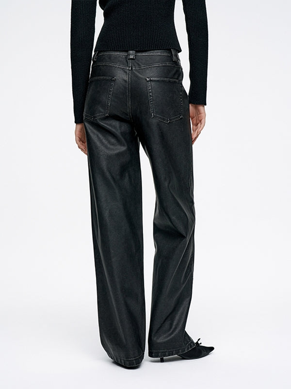 Straight Simple Smooth Plain Chic High-End Leather-Pants