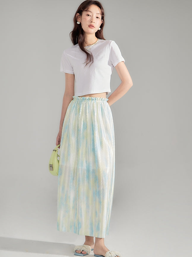 Crumply Tie-Dye Pale-Tone Thin Lng-Skirt