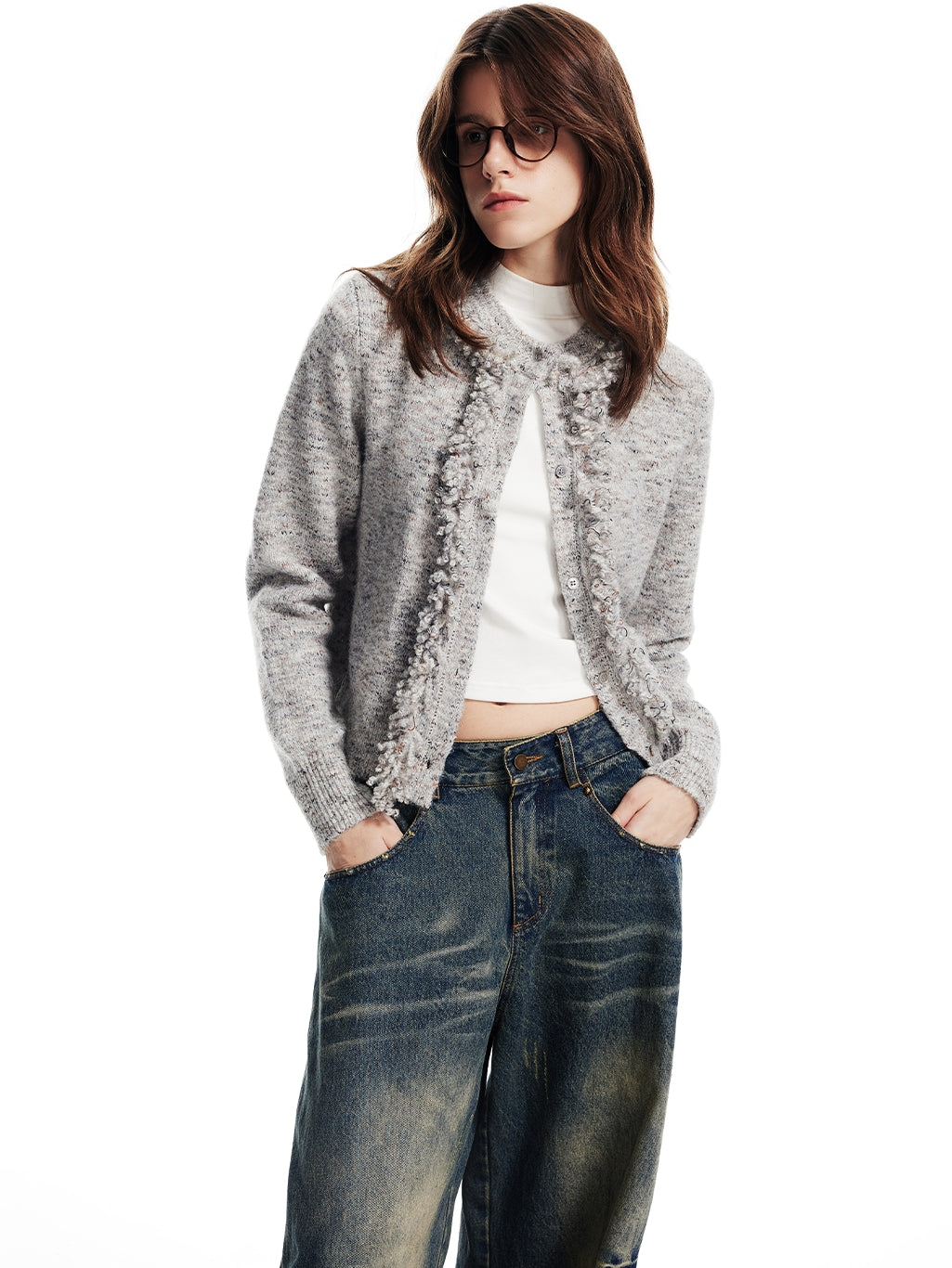 Wool Claasy Crew-Neck Knit Compact Slim Cardigan