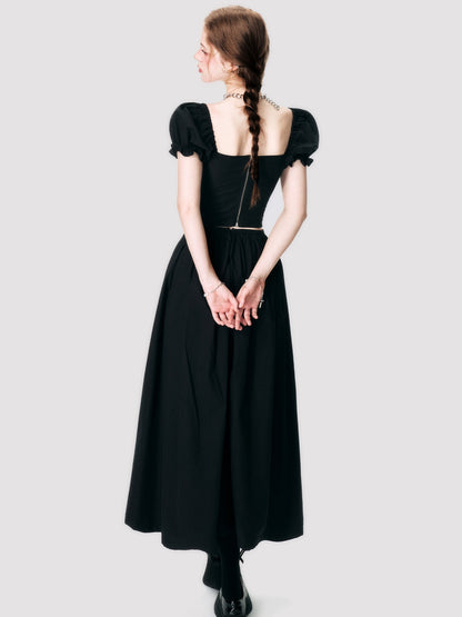 Puff-Sleeve Cropped Lace-Up Back-Open Blouse&amp;Long-Skirt