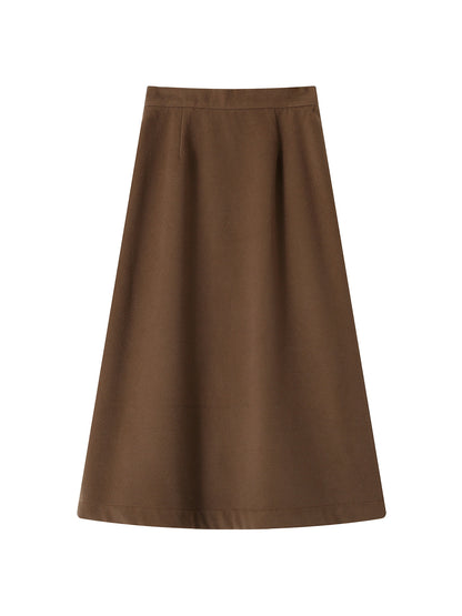 Wool Elastic-Waist Plain High-Waist Plain Flare A-Line Long-Skirt