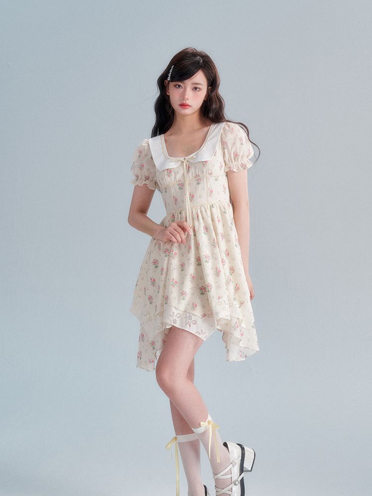 Flower Puff-sleeve Asymemtry Retro One-piece