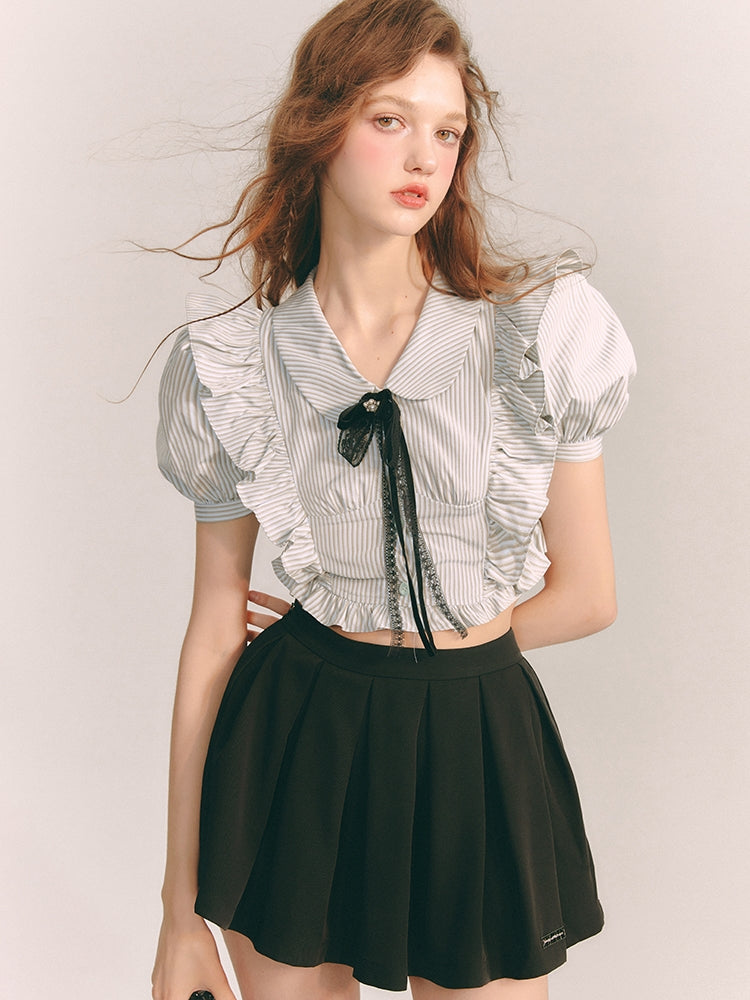 Stripe Frill Cropped Puff-Sleeve Blouse