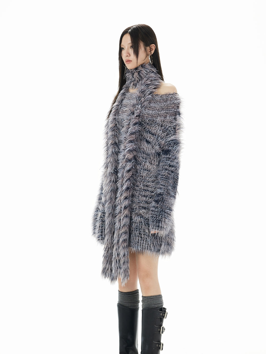 Fluffily Oversize One-Shoulder Loose Mohair-Knit＆Muffler