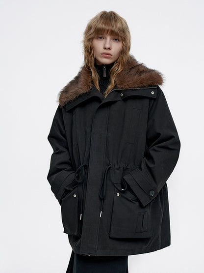 Drawstring Fur Casual Fur Stand-Collar Plain Big-Pocket Jacket