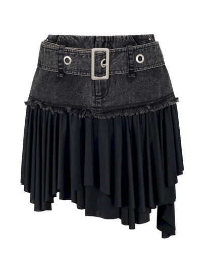 Denim Mix Pleats Belt Asymmetry Skirt