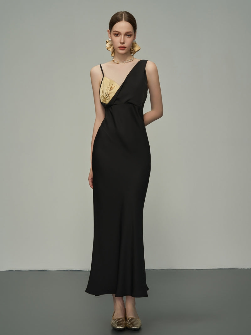 Gold Asymmetry Slim High-End Camisole Long-One-Piece