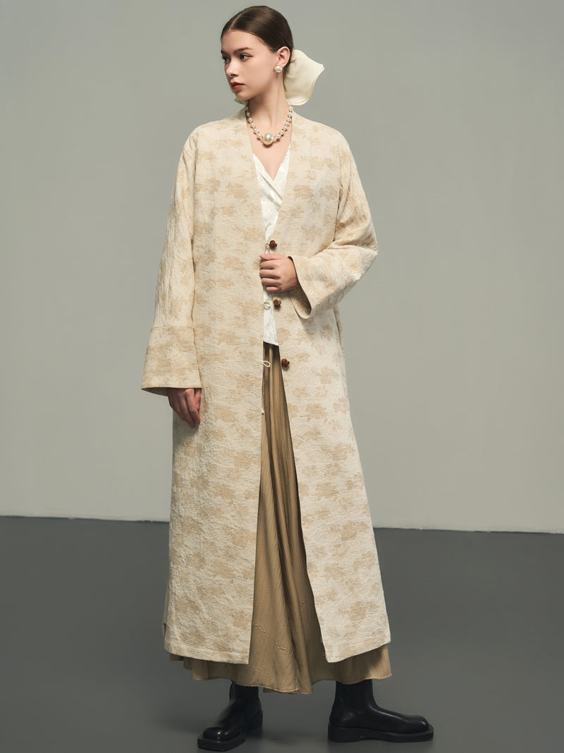 Flower Embroidery Long No-Collar Cotton Long-Coat