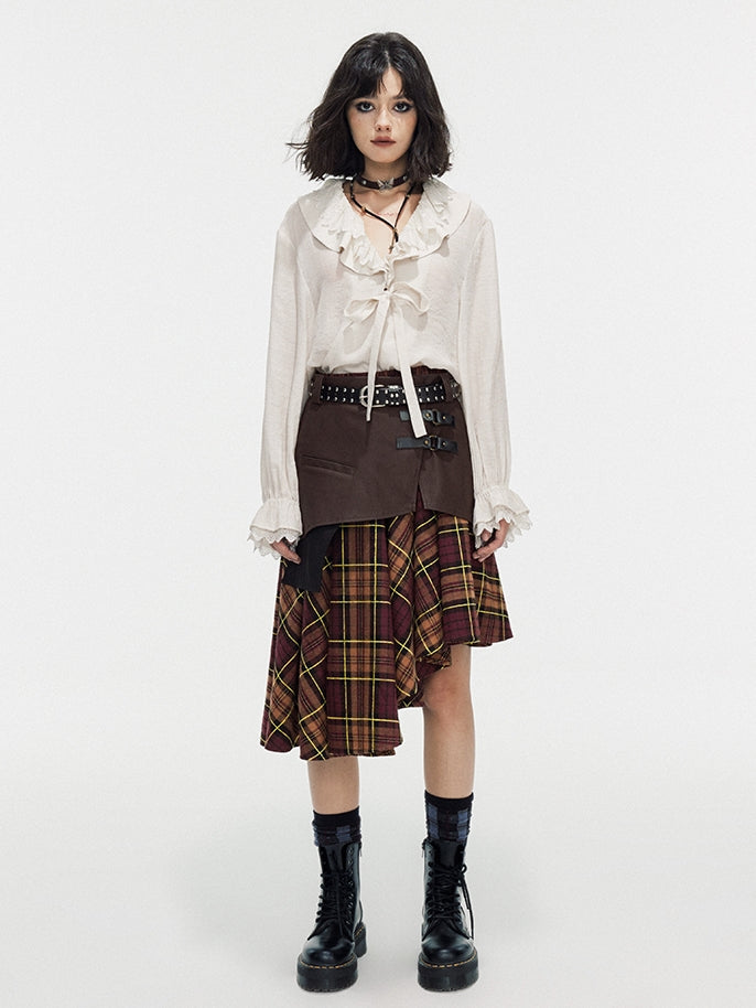 Asymmetry Checked Retro Belt Girly Flare-Skirt