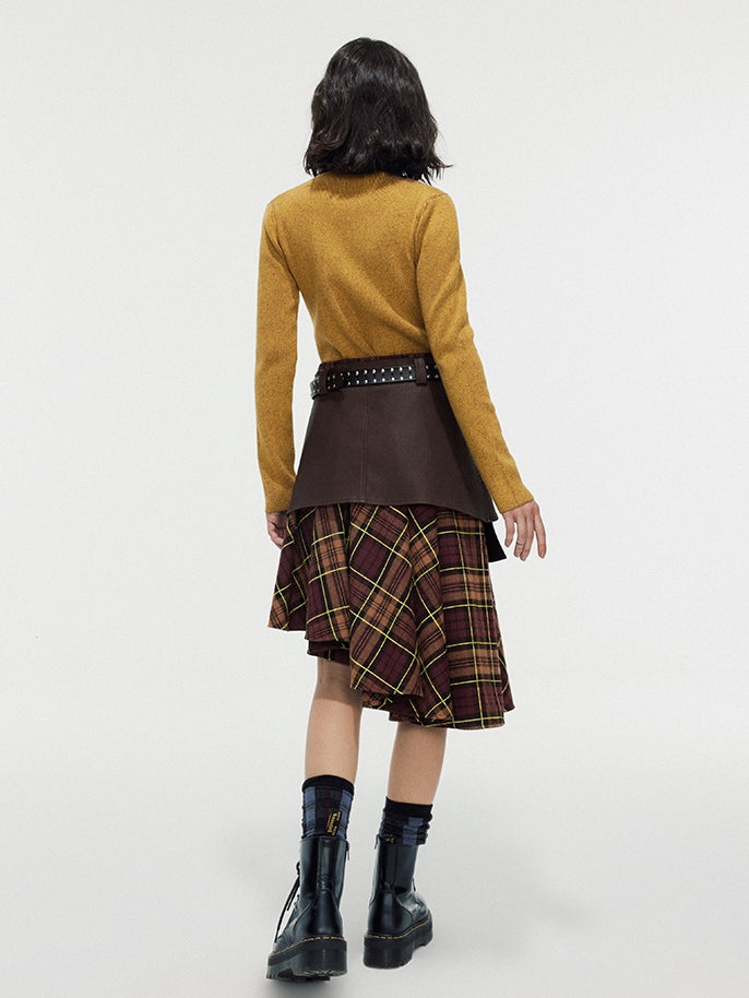 Asymmetry Checked Retro Belt Girly Flare-Skirt