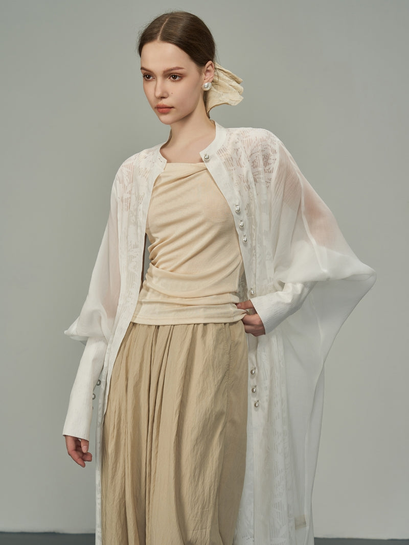 Long-Cuffs Lace Dolman Long Band-Collar Cardigan