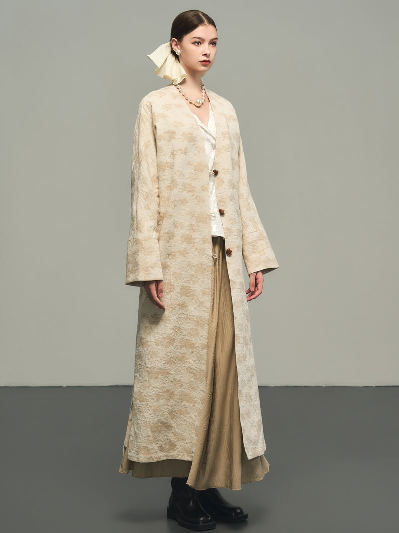 Flower Embroidery Long No-Collar Cotton Long-Coat