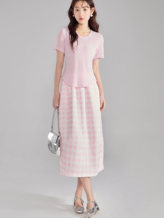 Checked Tulip Girly Candy-Sleeve Blouse＆Long-Skirt