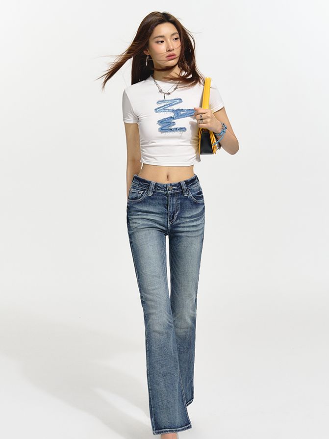 FADED DENIM STRAIGHT CASUAL PANTS