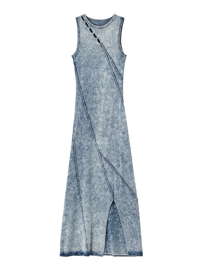 Denim Slit Long Faded Casual One-Piece