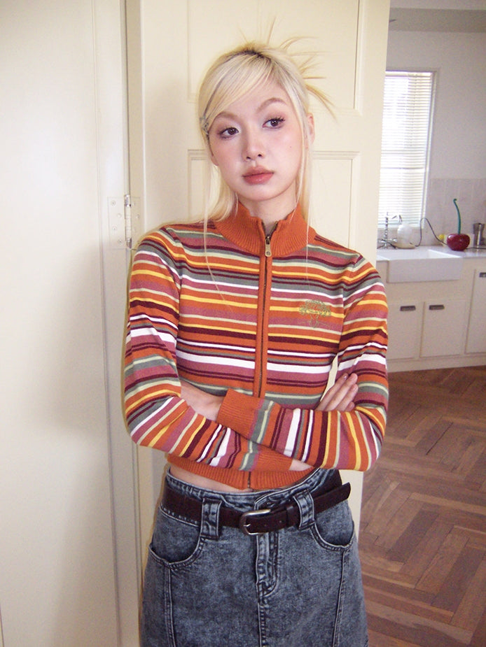 Border Colorful High-Neck Cropped Casual Knit – ARCANA ARCHIVE