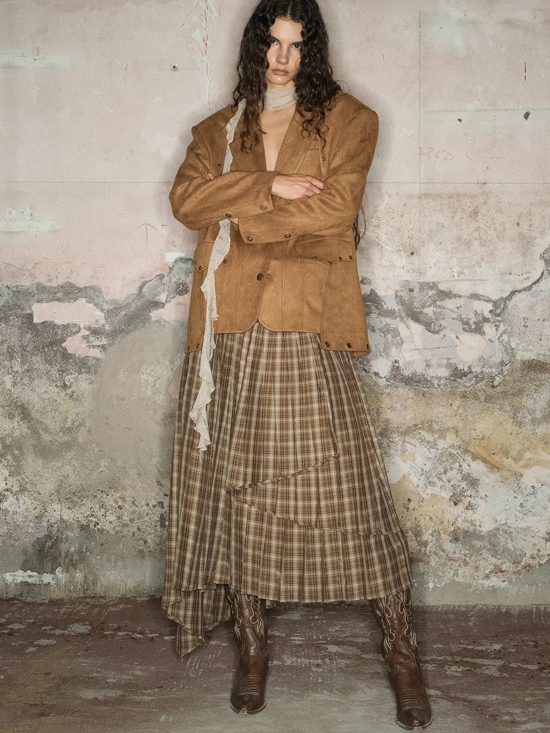 Tiered Asymmetry Checked Girly Nichi Long-Skirt