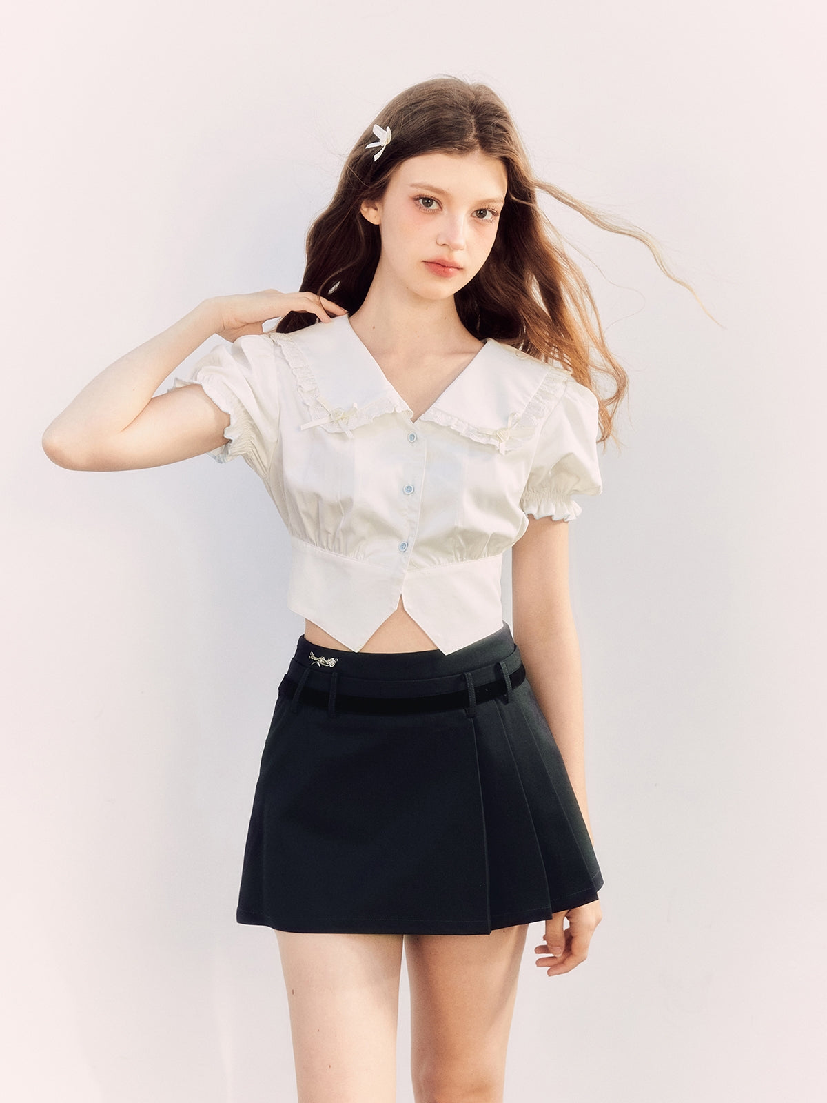 Fril Sailorl-Collar Puss-Sleeve Cute Blosue &amp; Culottes