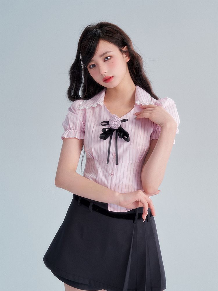 Stripe Lace Rose Puff-sleeve Girly Blouse