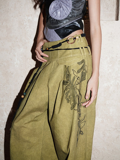 Embroidery Relax Loose Casual Retro Wide-Pants