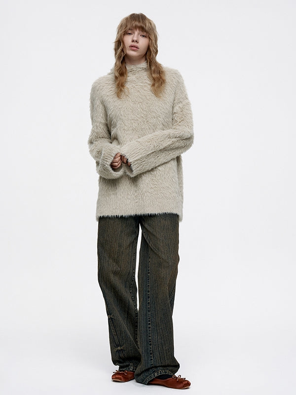 Oversize Long Fluffily Chic Hoodie Earth-Color Mohair-Knit