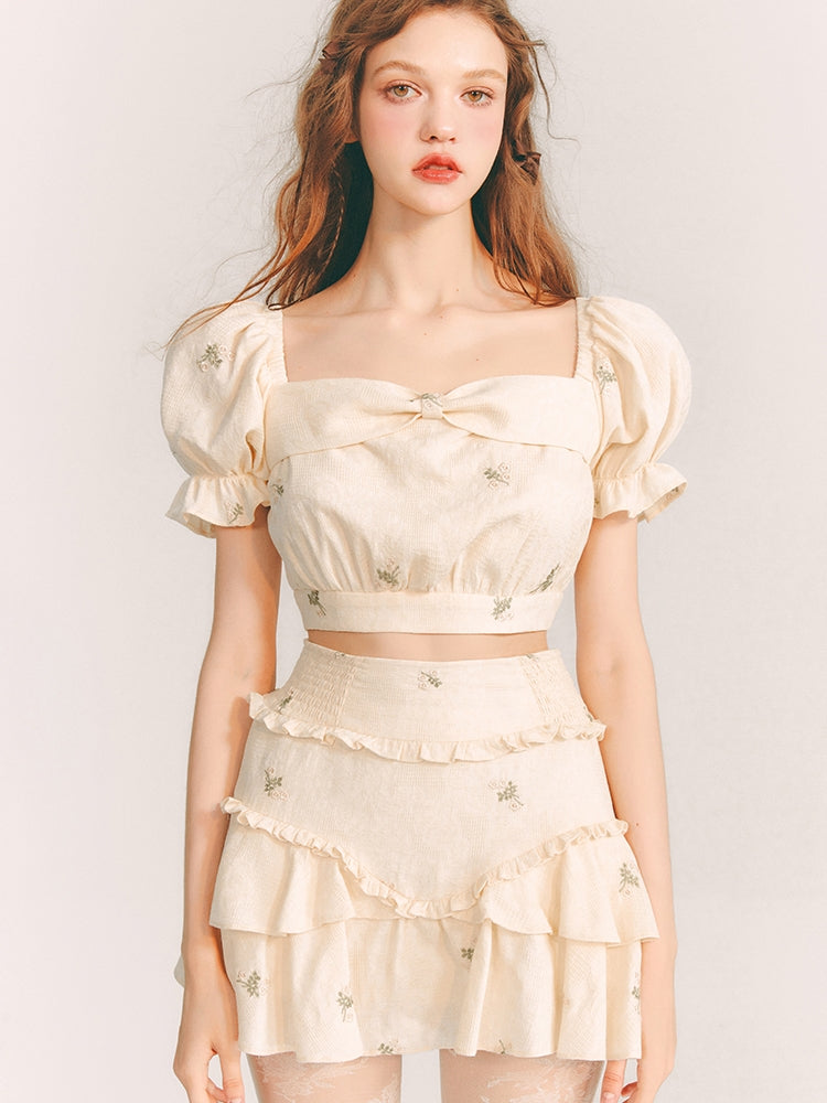 Embroidery Tiered Puff-Sleeve Flower Blouse&amp;Mini-Skirt