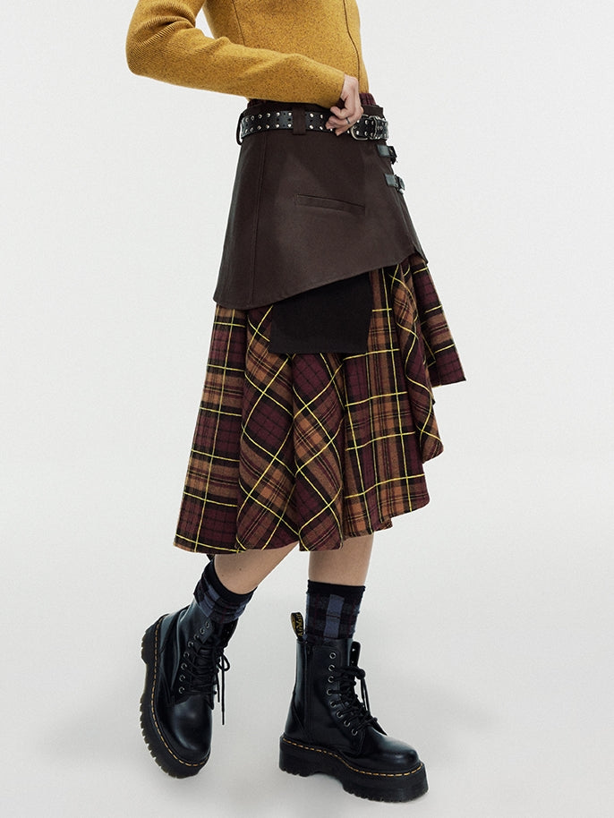 Asymmetry Checked Retro Belt Girly Flare-Skirt