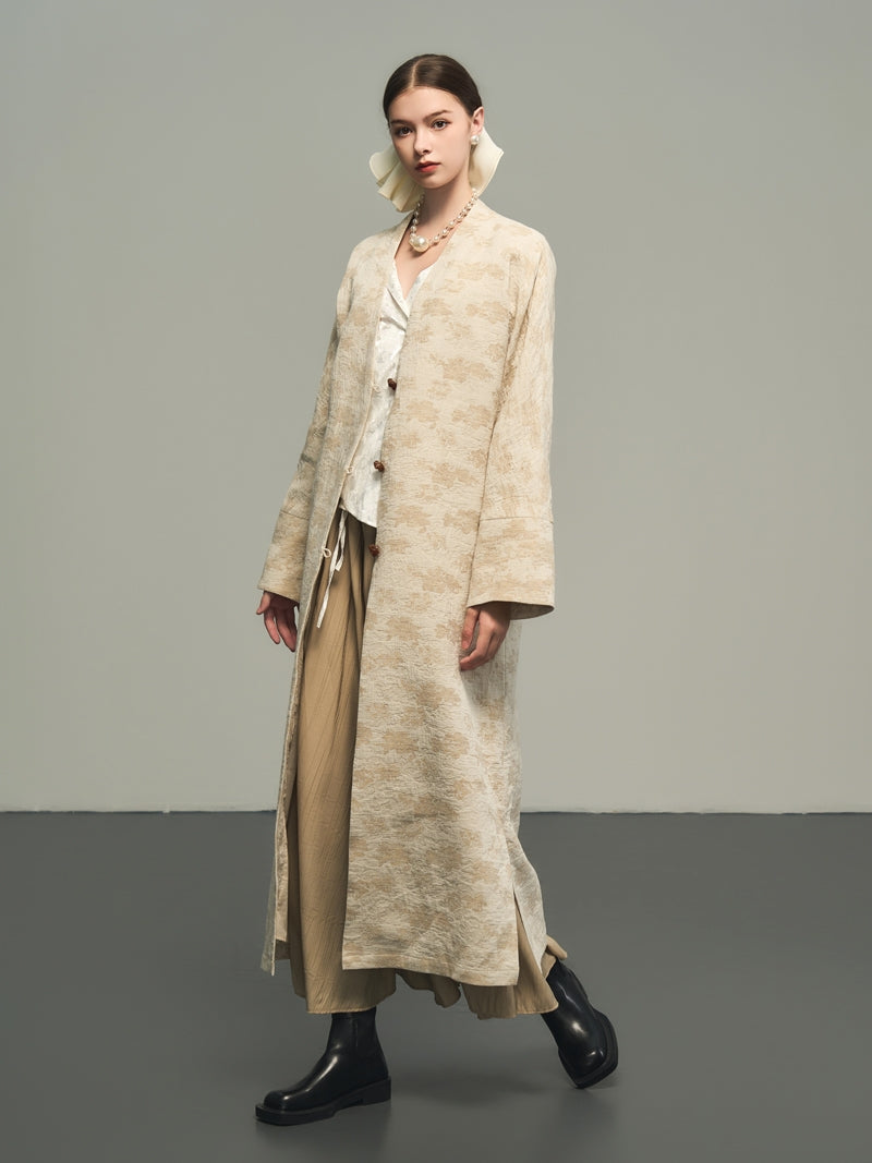 Flower Embroidery Long No-Collar Cotton Long-Coat