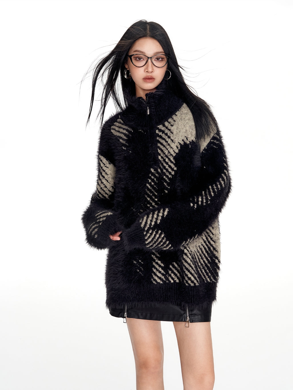 High-Neck Fluffily Half-Zip Casual Oversize Mohair-Knit