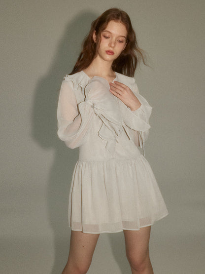 Sheer Flare-Sleeve Ciffon Frill Flower Mini-One-Piece