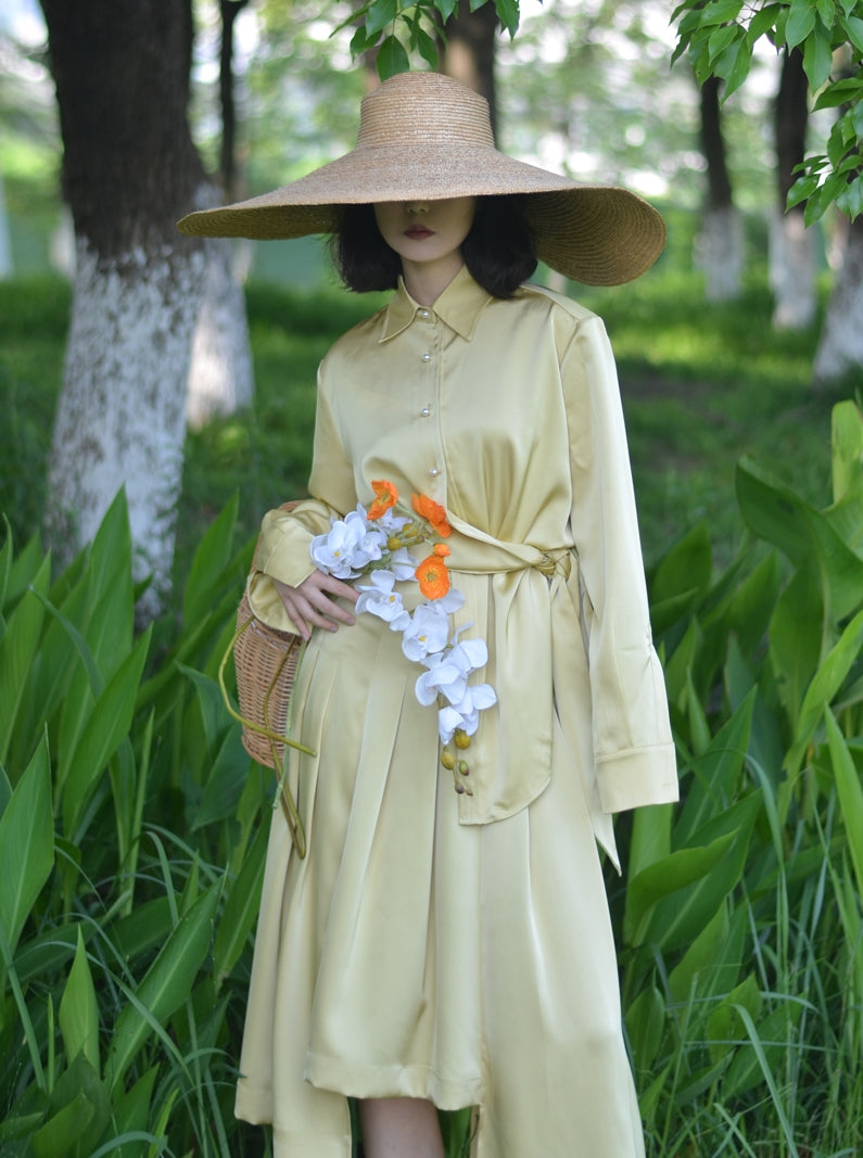 Smooth Satin Plain Simple Shirt&amp;Long-Skirt