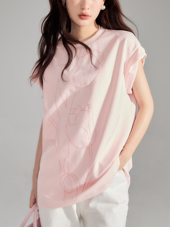 Oversize Embroidery Tulip Retro T-Shirt