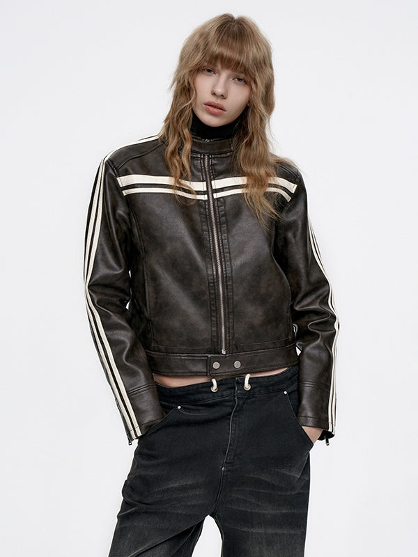 Line Casual Short Smooth Sporty Leather-Jacket