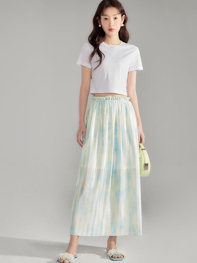 Crumply Tie-Dye Pale-Tone Thin Lng-Skirt