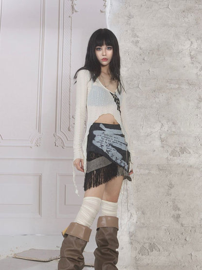 Nichi Tassel Asymmetry Patchwork Mini Skirt