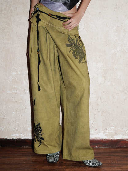 Embroidery Relax Loose Casual Retro Wide-Pants