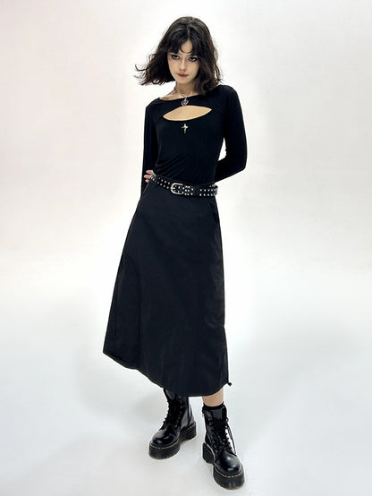 Drawstring A-Line Thick Simple Long Flare-Skirt