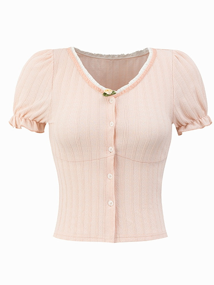 Candy-Sleeve Rose Slim Lace Summer-Knit