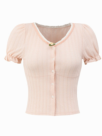 Candy-Sleeve Rose Slim Lace Summer-Knit