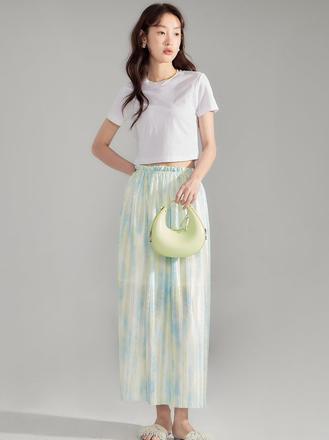 Crumply Tie-Dye Pale-Tone Thin Lng-Skirt