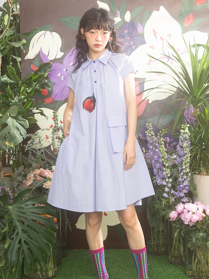 Embroidery Apple Retro Flare Shirt-One-Piece