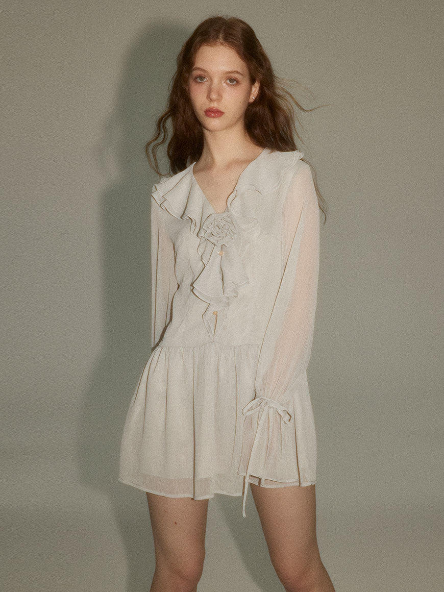 Sheer Flare-Sleeve Ciffon Frill Flower Mini-One-Piece