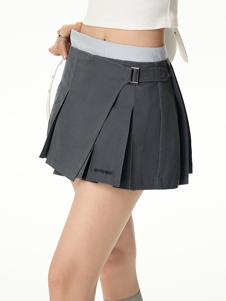 Wrap Pleats Plain Mini-Skirt