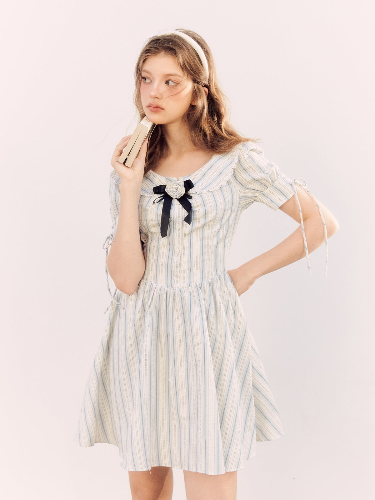 Stripe Puff-Sleeve Frill Flare One-Piece