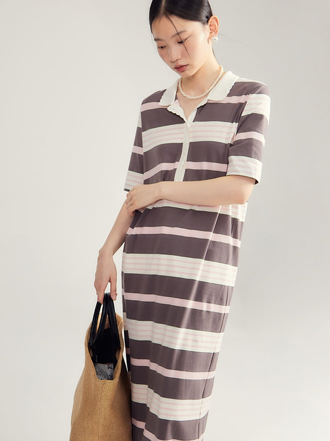 2 Type Border Long Casual I-Line Polo-one-Piece