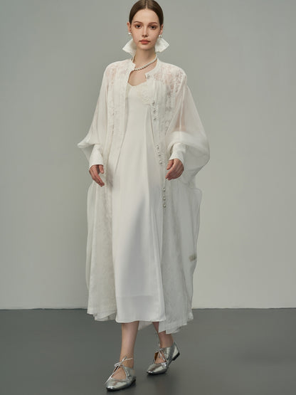 Long-Cuffs Lace Dolman Long Band-Collar Cardigan