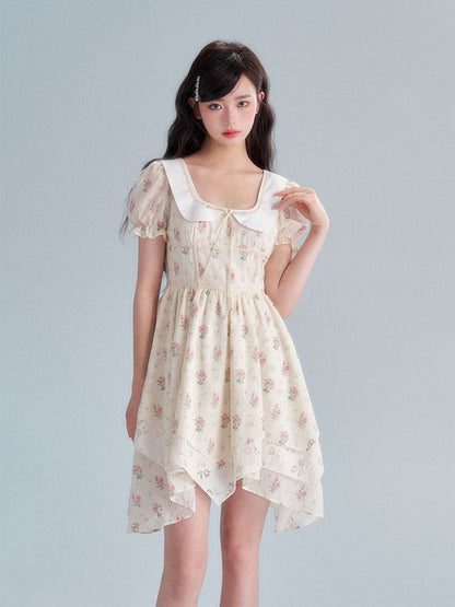 Flower Puff-Sleeve asymemtry Retro One-Piece